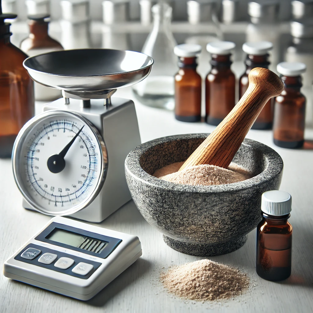 A close-up of a mortar and pestle with finely ground pharmaceutical ingredients, next to precision scales and small bottles of liquid medication, set