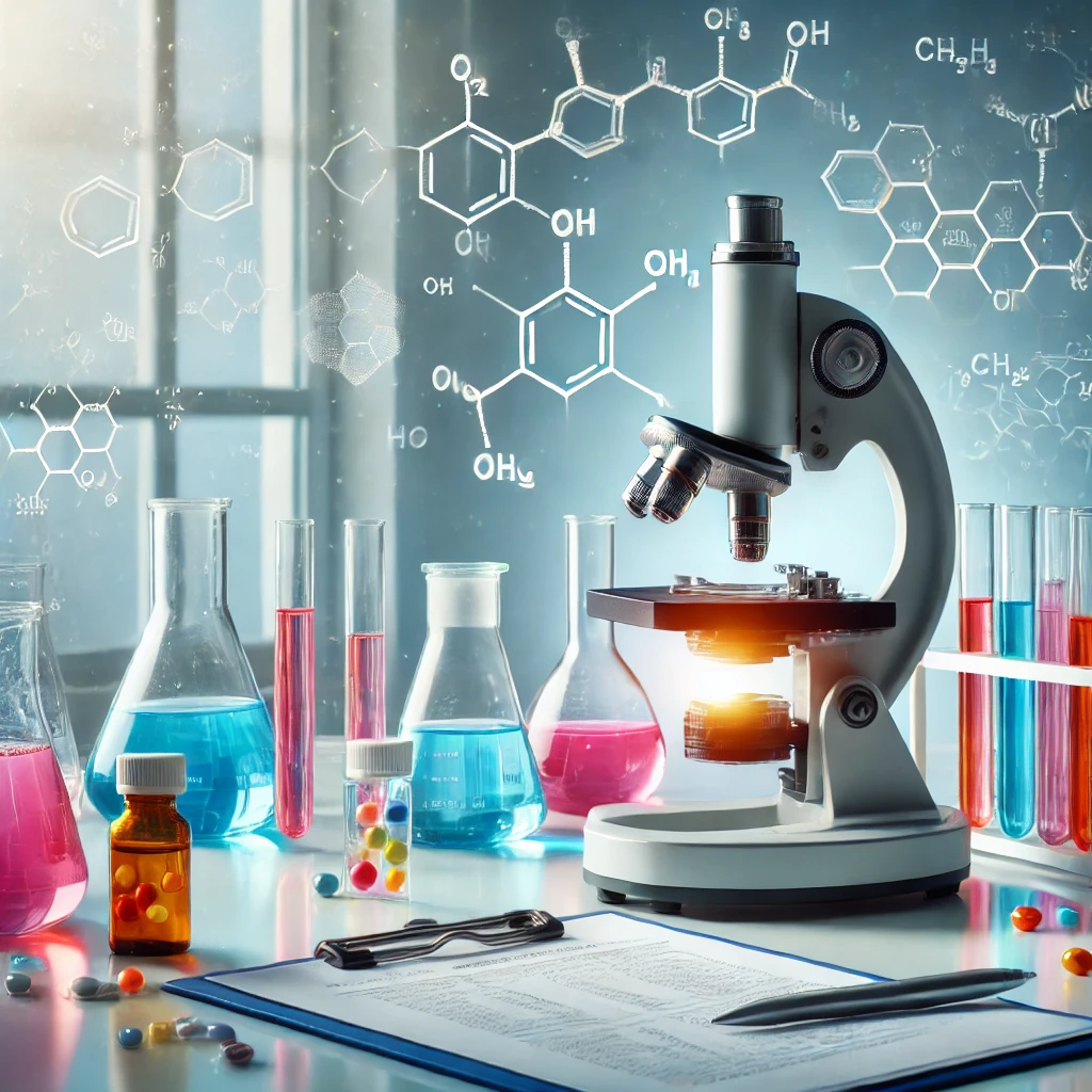 A laboratory scene in a pharmacy with test tubes containing colorful liquids, a microscope on a sterile white table, and chemical formulas faintly vis