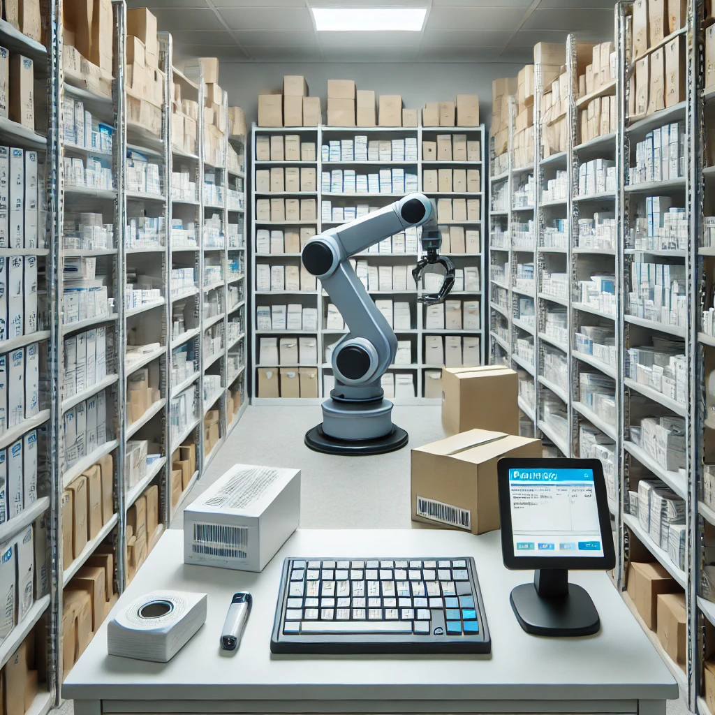 A well-organized pharmacy storage area with neatly stacked medicine boxes on shelves, a barcode scanner placed on a counter, and a robotic arm in the