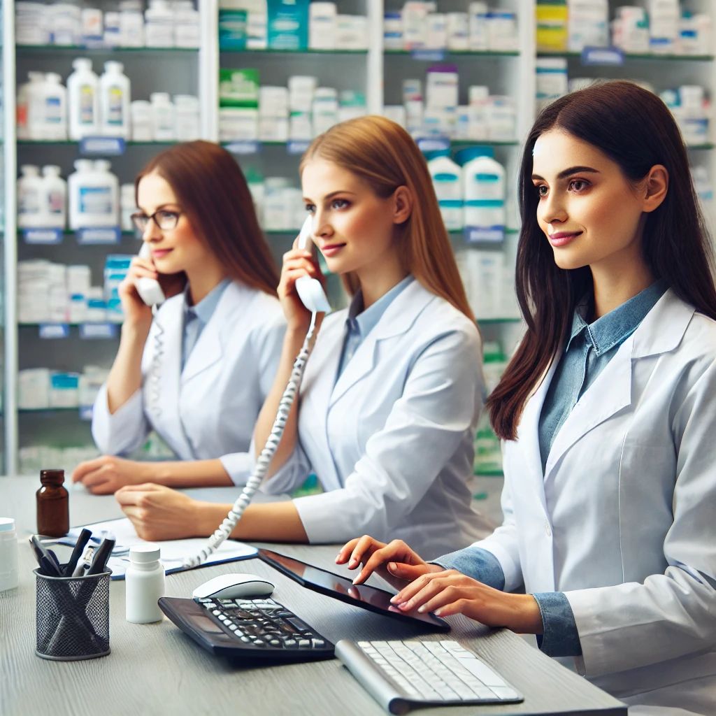 DALL·E 2025-02-22 09.09.05 - Three female pharmacists wearing white lab coats are sitting at a table in a pharmacy. One woman is using a telephone, another is working on a tablet,